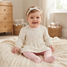 N14761: Baby Girls Waffle Fabric Dress, Tights & Headband Outfit (0-9 Months)